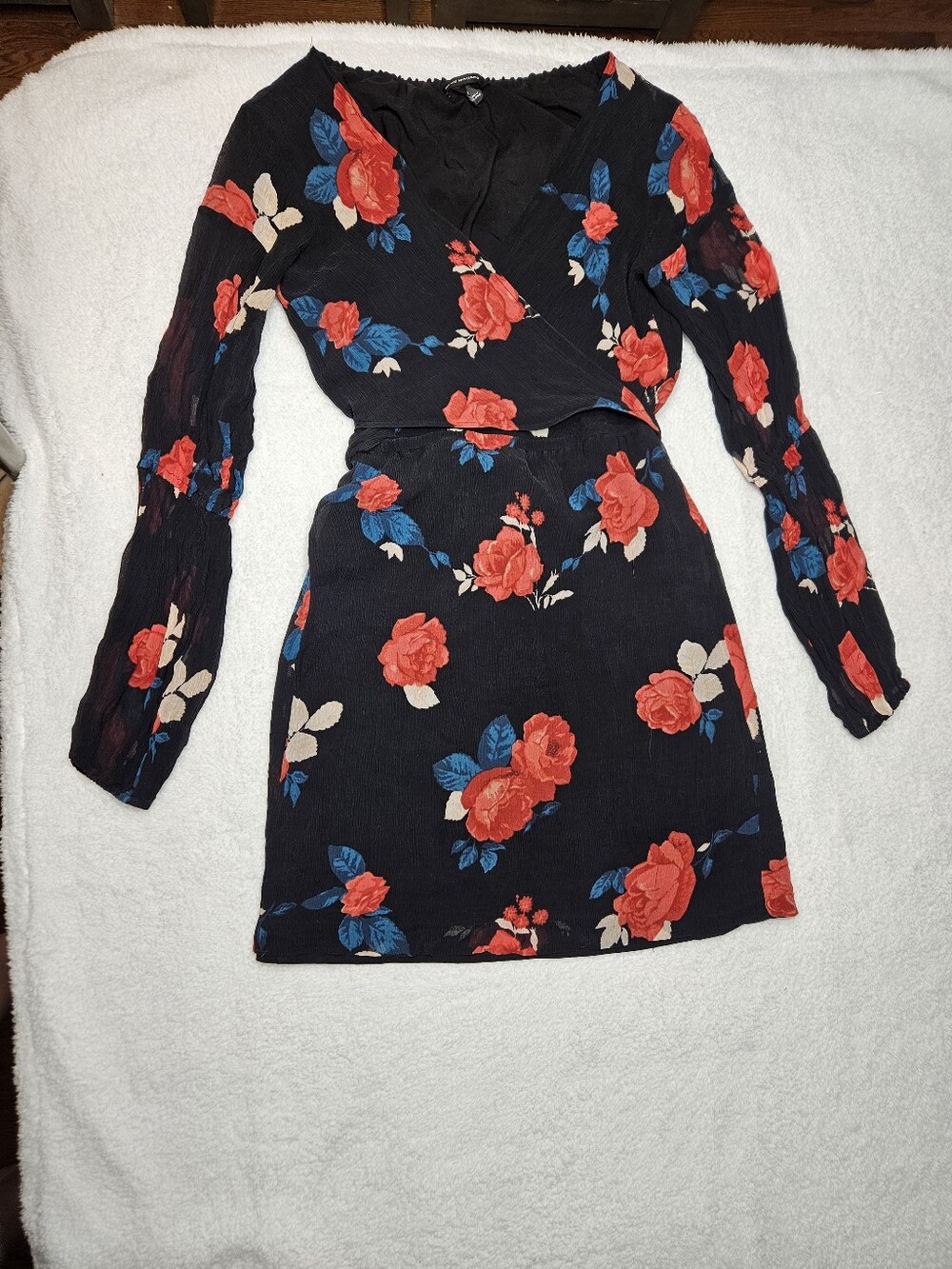 Club Monaco Black Long-Sleeve Silk Faux Wrap Dress with Red Rose Print
